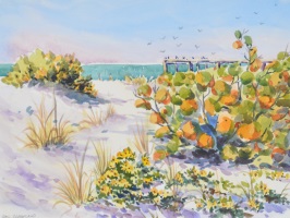 beach painting showing brushes growing on sand